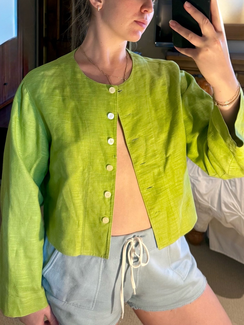 Finity Bright Lime Green Cropped Button Jacket